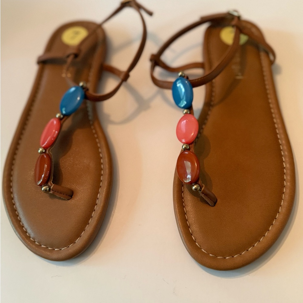 Madden Girl Brown T-Strap Sandals with Blue, Coral and Brown Beads Women’s 7 NEW